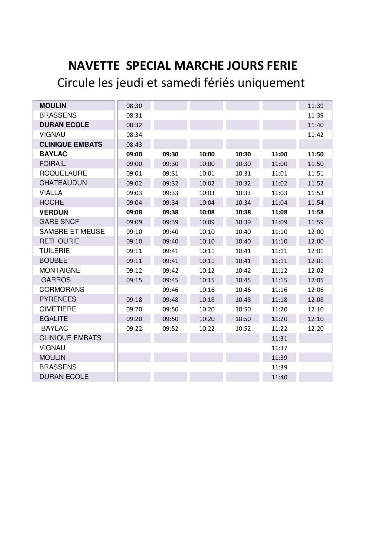 horaires navette marché férié