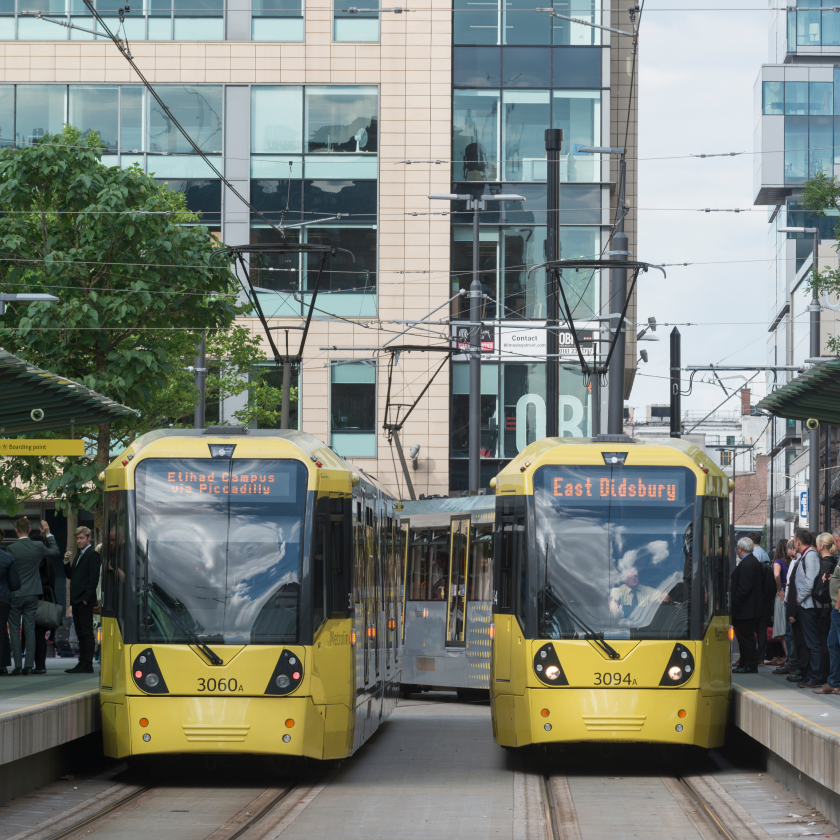 Manchester tramway with passengers waiting on the platform