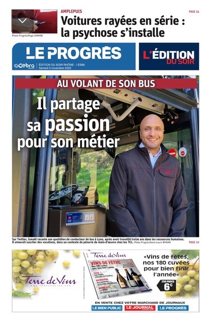 Cover of Le Progrès magazine featuring a bus driver