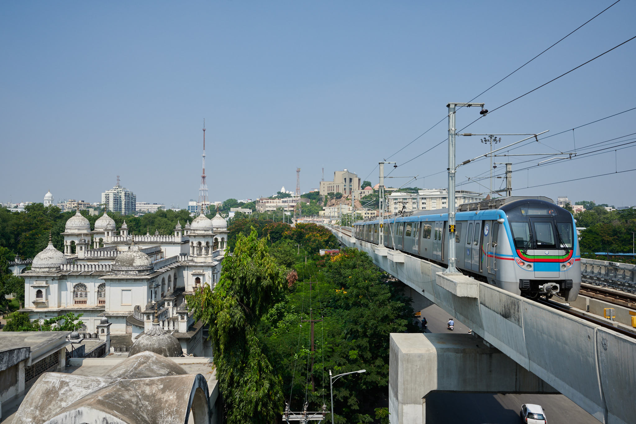 Hyderabad's metro system, spanning 69 kilometers across three automated lines, serves more than 500,000 passengers daily.