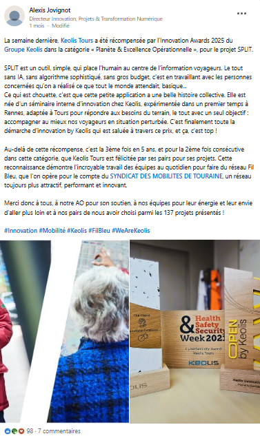 capture d'écran du post d'Alexis Jovignot à l'occasion des Innovation Awards 2025