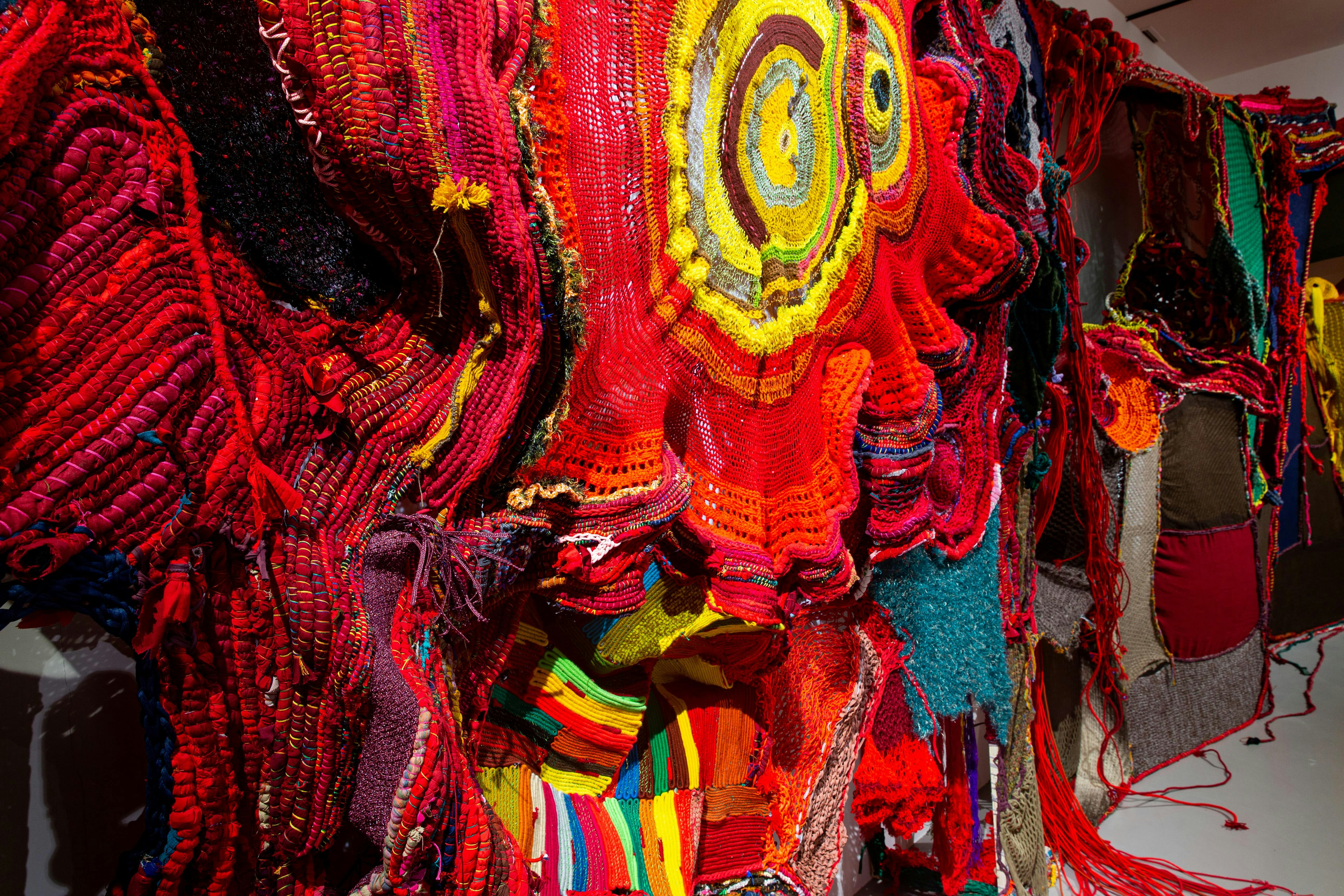Multimedia installation of wool, ramie, cotton, copper, silk, glass beads.
