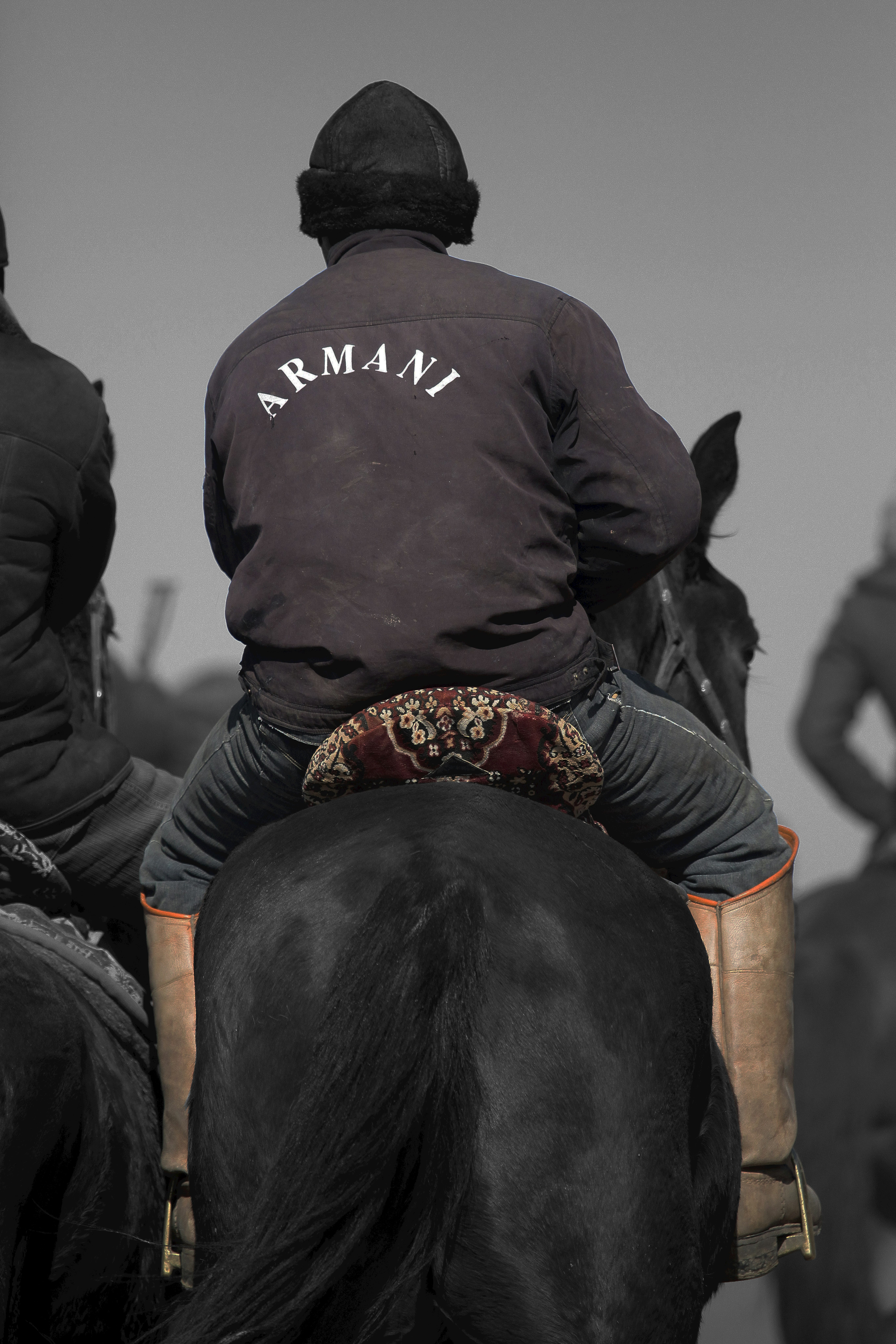 An adult on a black horse facing away from camera. Their jacket says 'Armani'.