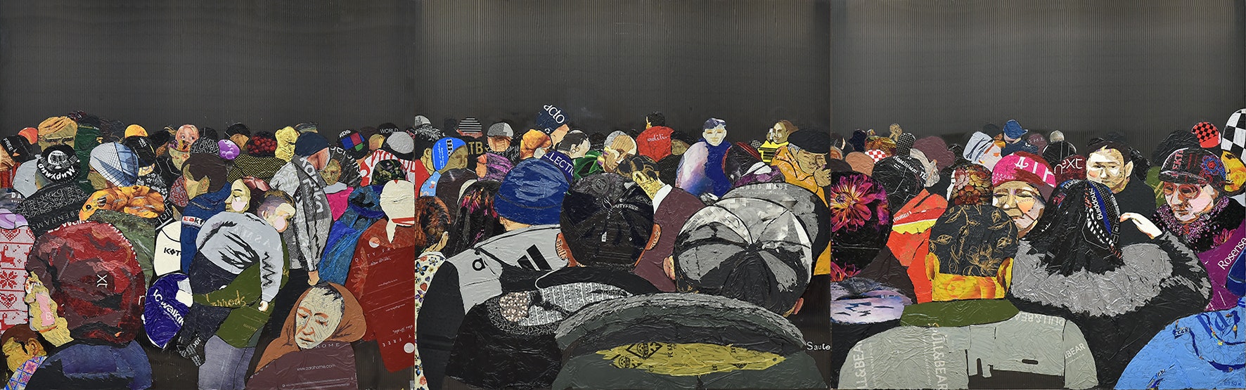A wide artwork depicting many people in a crowd.