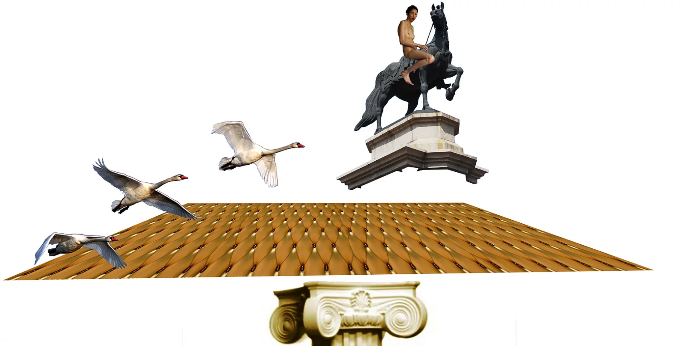 Artwork featuring birds, a podium and a person riding a horse statue