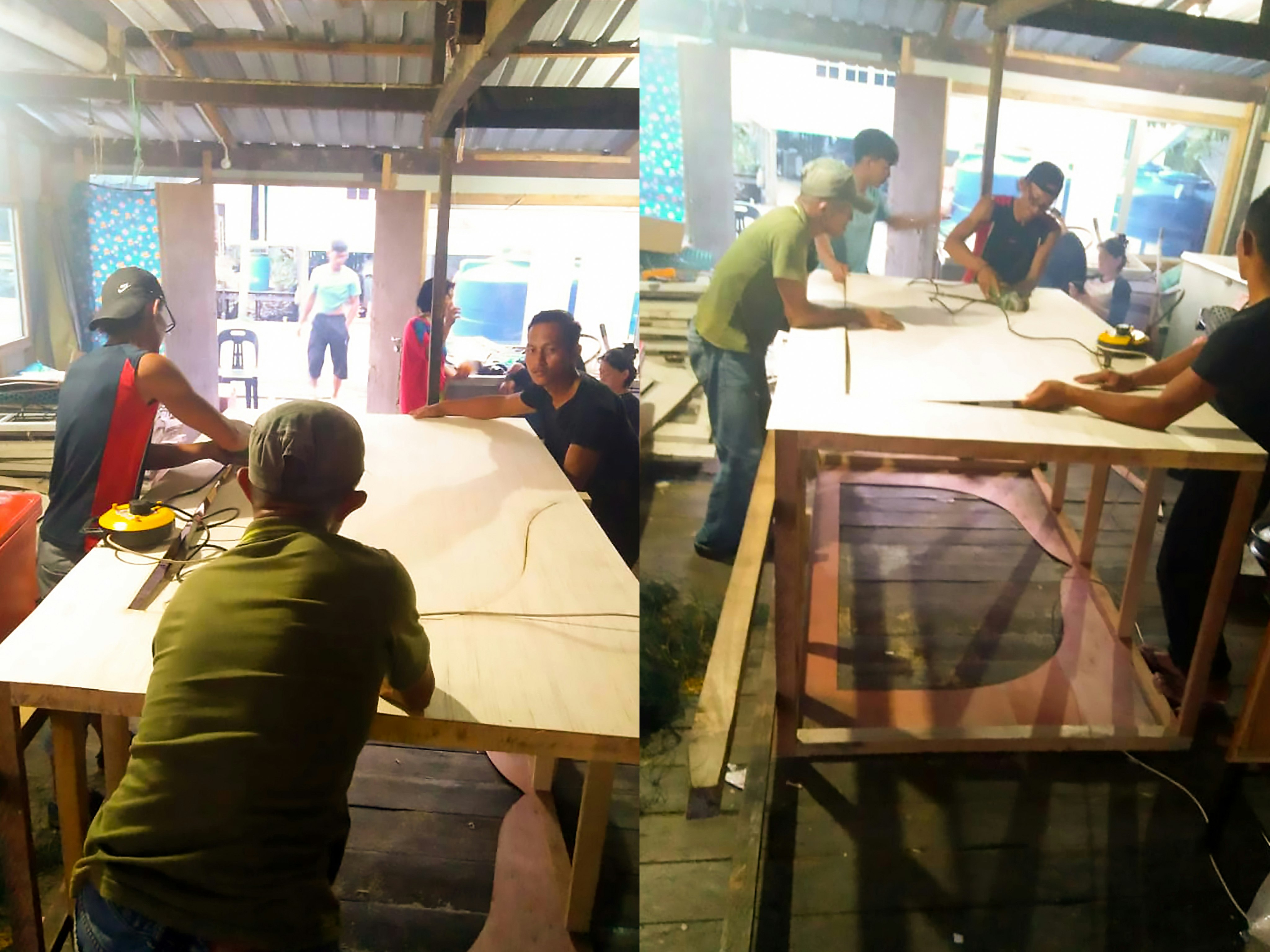 Two adjecent images both featuring a group of men surrounding a wooden table, sawing and removing its centre.
