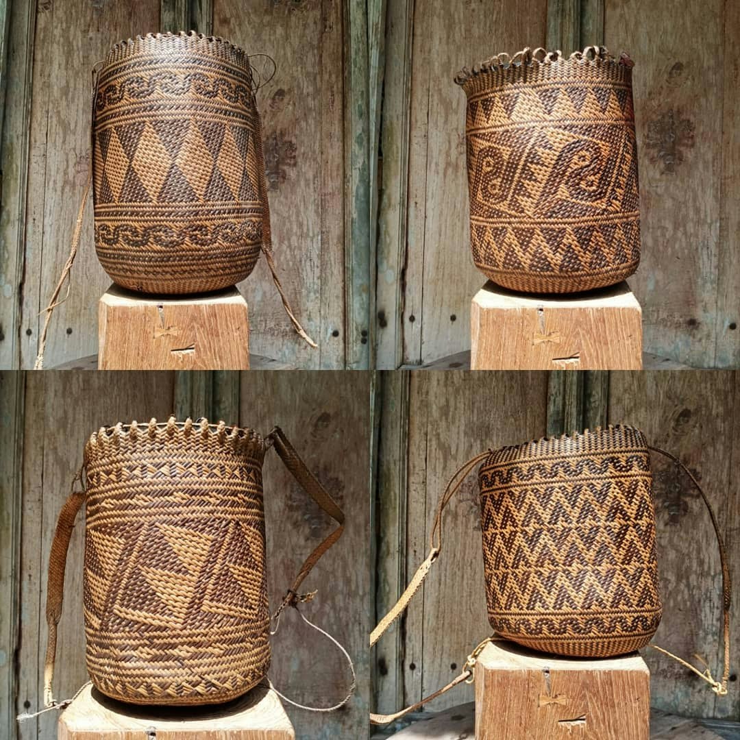 Four baskets woven with geometric patterns derived from the indigenous peoples of Borneo
