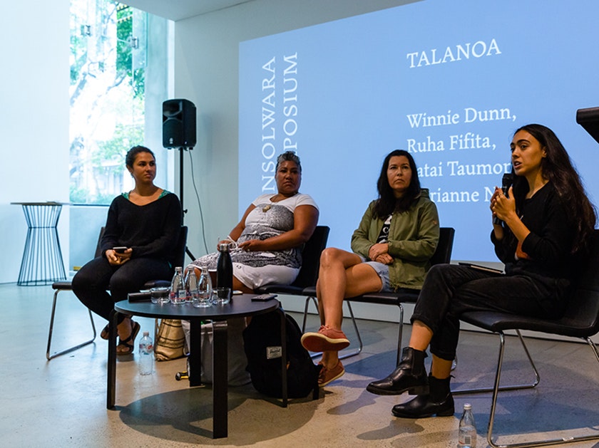 Wansolwara Symposium Talanoa, left to right: Ruha Fifita, Latai Taumoepeau, Marianne Nicolson and Winnie Dunn, 18 January, UNSW Galleries; photo: Document Photography, courtesy UNSW Galleries.