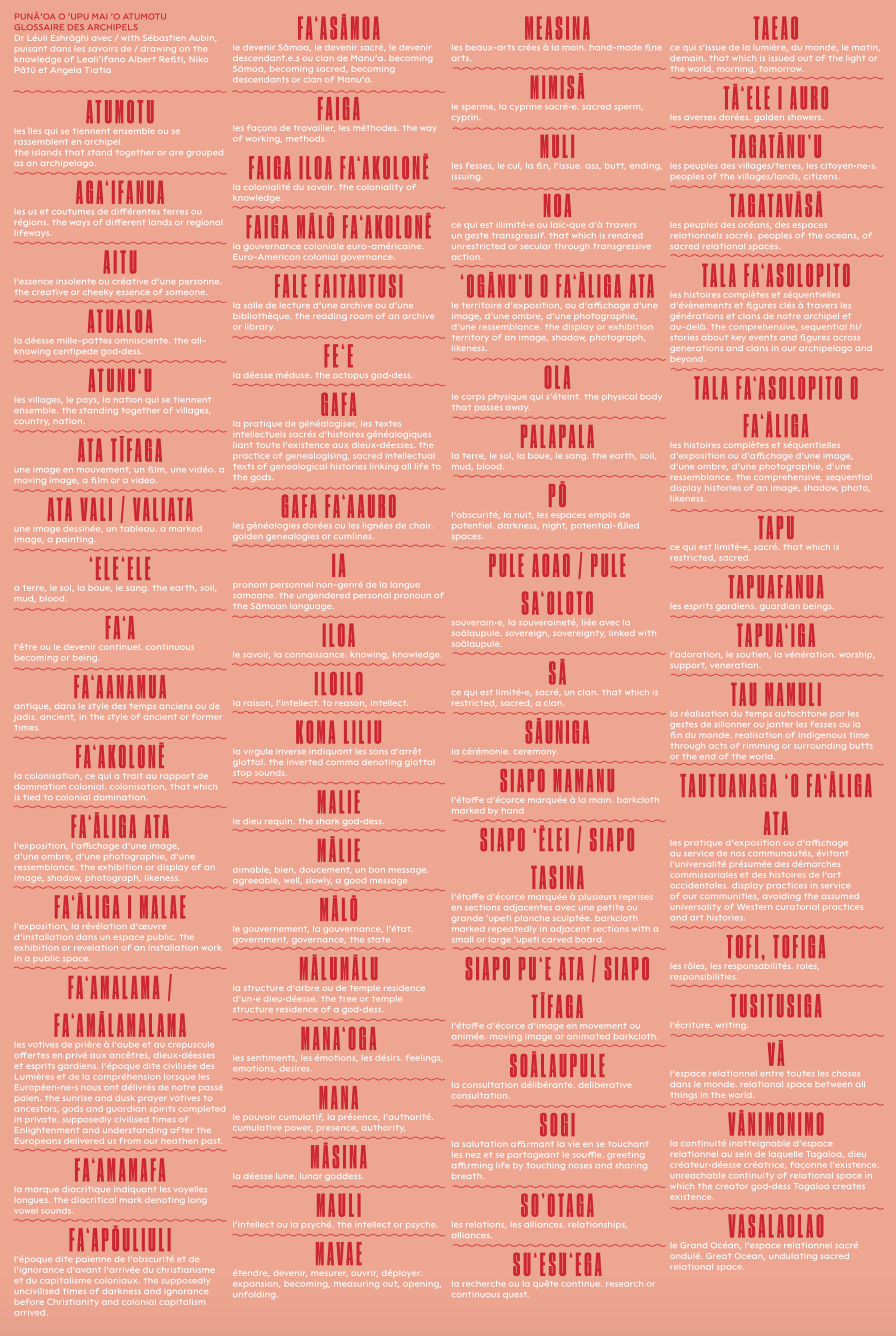 A salmon pink poster with red text, presenting a multilingual guide in Sāmoan, French, English 