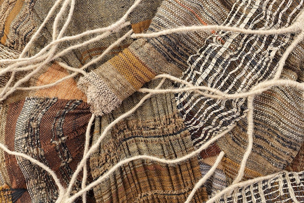 Crossing Threads®; Holding Patterns: Crossing Threads®; Installation view, 4A Centre for Contemporary Asian Art, August 2020. Crossing Threads®, UNDER MY SKIN (detail view), 2020, Bamboo, chenille, Egyptian cotton, hemp, Japanese silk, jute, leather, linen, merino wool, mulberry tussah, raffia and wire on galvanised steel frame Handwoven by Lauren and Kass Hernandez, photo: Kai Wasikowski, image courtesy of the artists. 