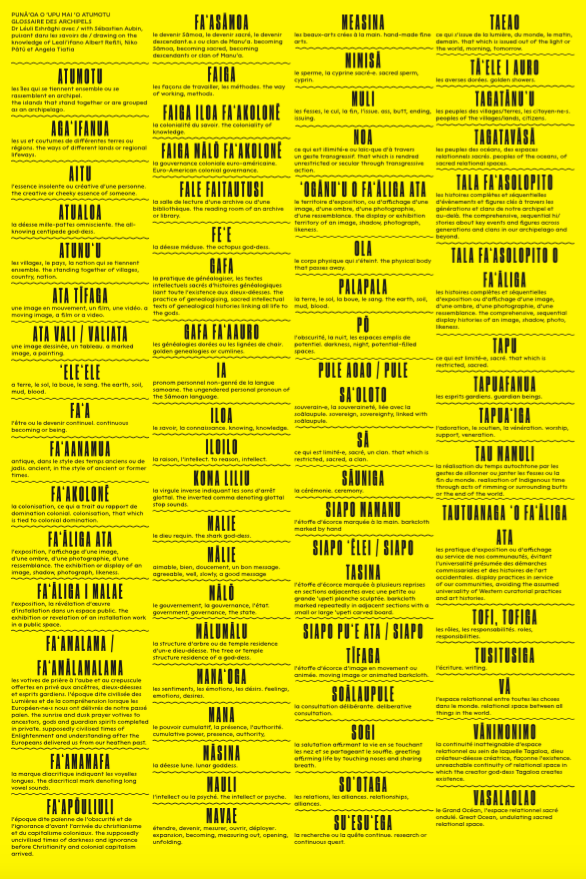 A bright yellow poster with black text, presenting a multilingual guide in Sāmoan, French, English 