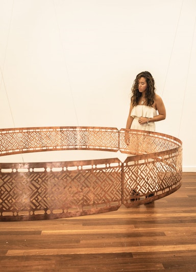 Shireen Taweel, ‘tracing transcendence’, 2018, pierced copper, band 1: 30 x 180 x 180cm; band 2: 30 x 210 x 210cm; photo: Kai Wasikowski for 4A Centre for Contemporary Asian Art, courtesy the artist.