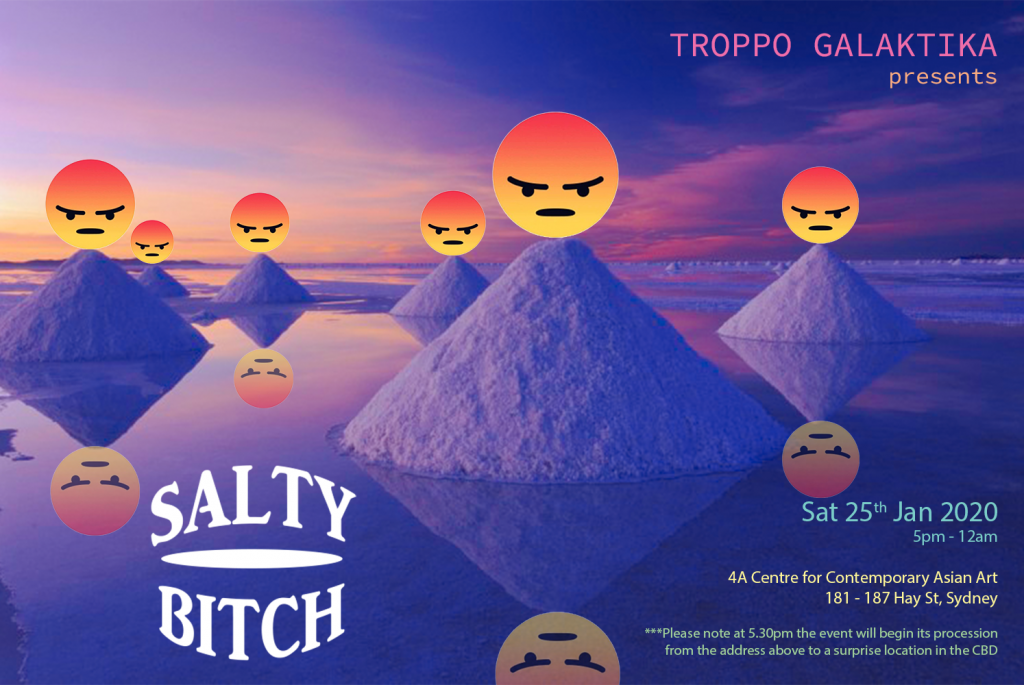 Angry smiley faces positioned on mounds sticking out of a pool of water, with the words "Troppo Galaktika, Salty Bitch"
