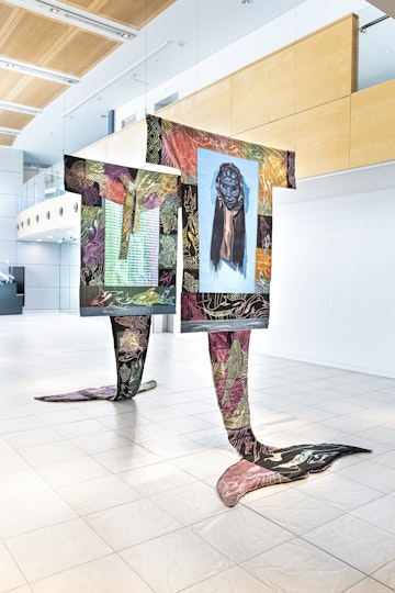 Zadie Xa and Benito Mayor Vallejo, A pilgrimage 2 family through the portal of a blue ghost, 2019, machine sewn and hand stitched bleached, dyed denim, iridescent fabric and oil on canvas; photo: Kai Wasikowski for 4A Centre for Contemporary Asian Art; I am heart beating in the world: Diaspora Pavilion 2, Campbelltown Arts Centre; courtesy the artist.