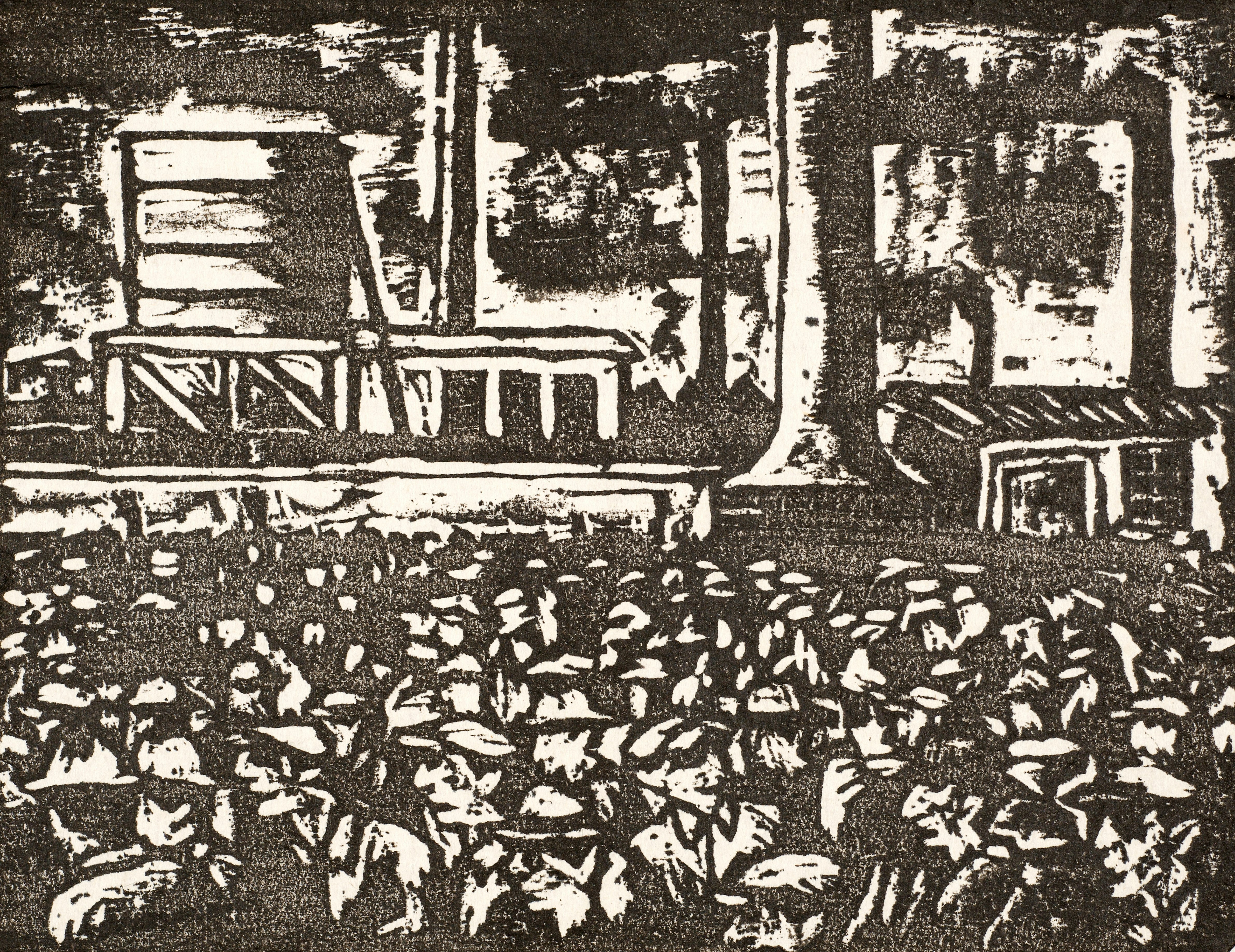 A woodcut print of forestry, printed in black ink.