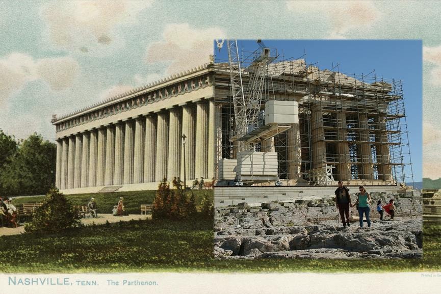 Illustration of an Ancient Greek parthenon with a photo of a scaffolded facade collaged over one side.