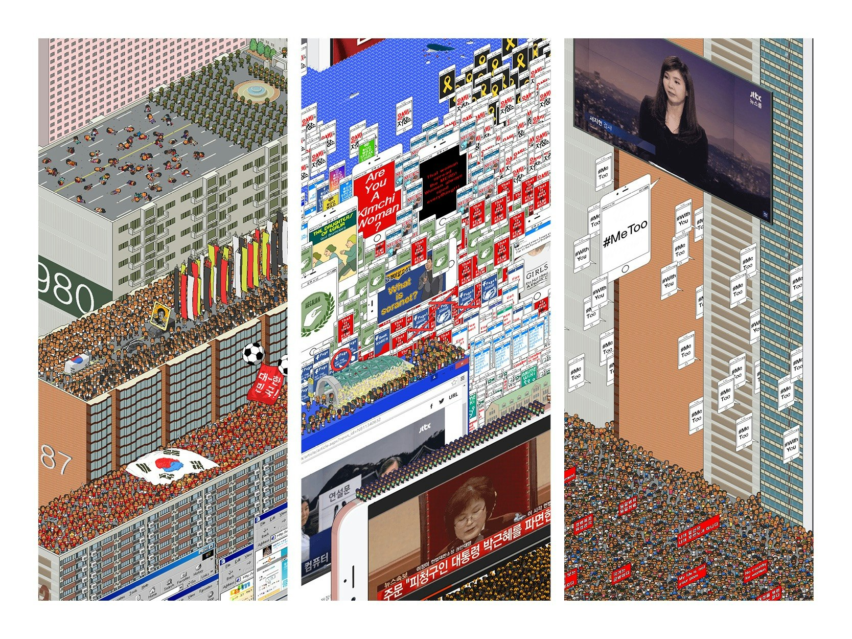 Triptych of digital illustrations showcasing Korean cyberspace, comprised of layers of mobile screens, the Korean flag and stills of news programs.