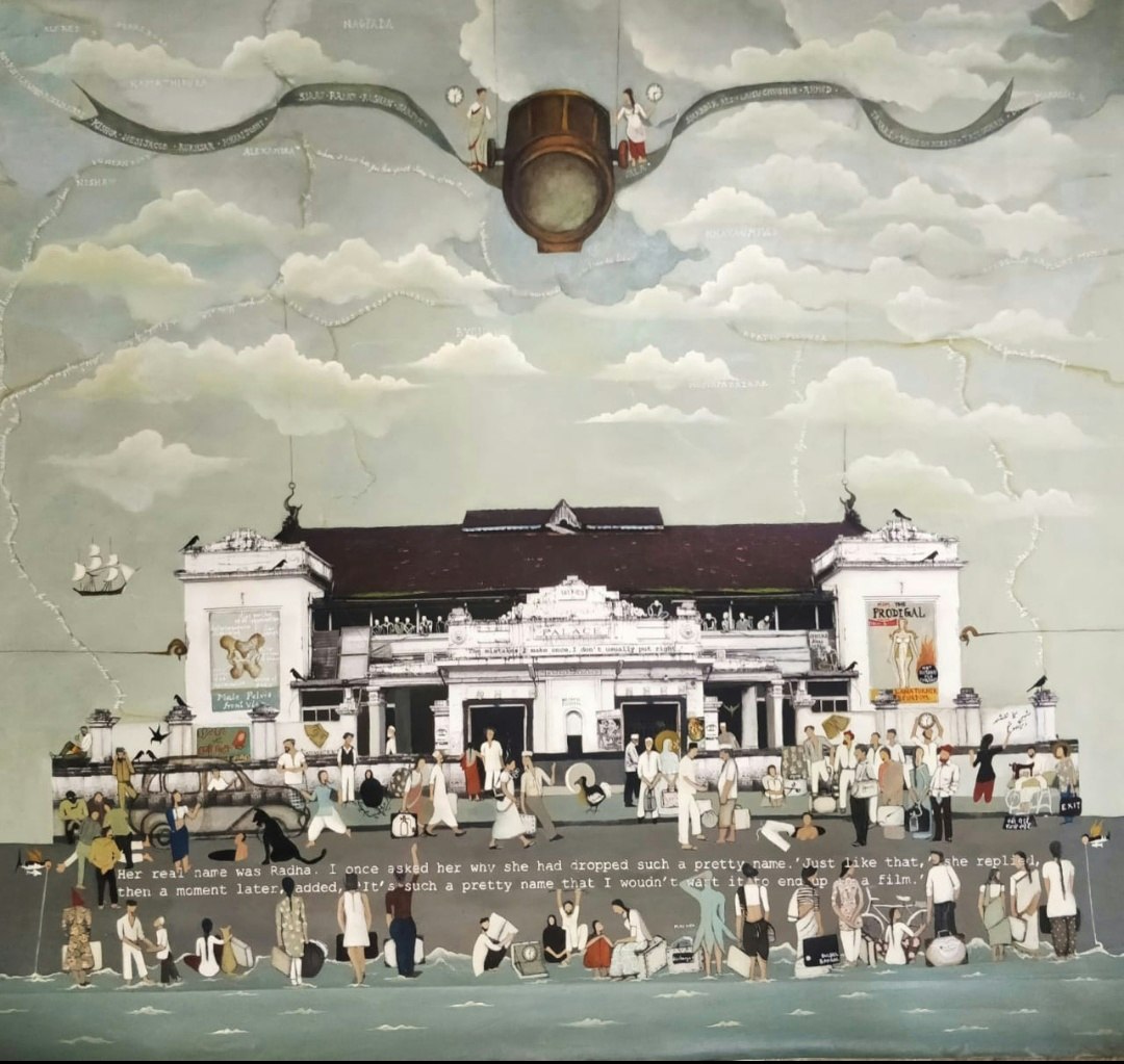 Canvas painting of a grandiose heritage building, surrounded by people and fantastical creatures, with rising seas and a sky full of clouds.