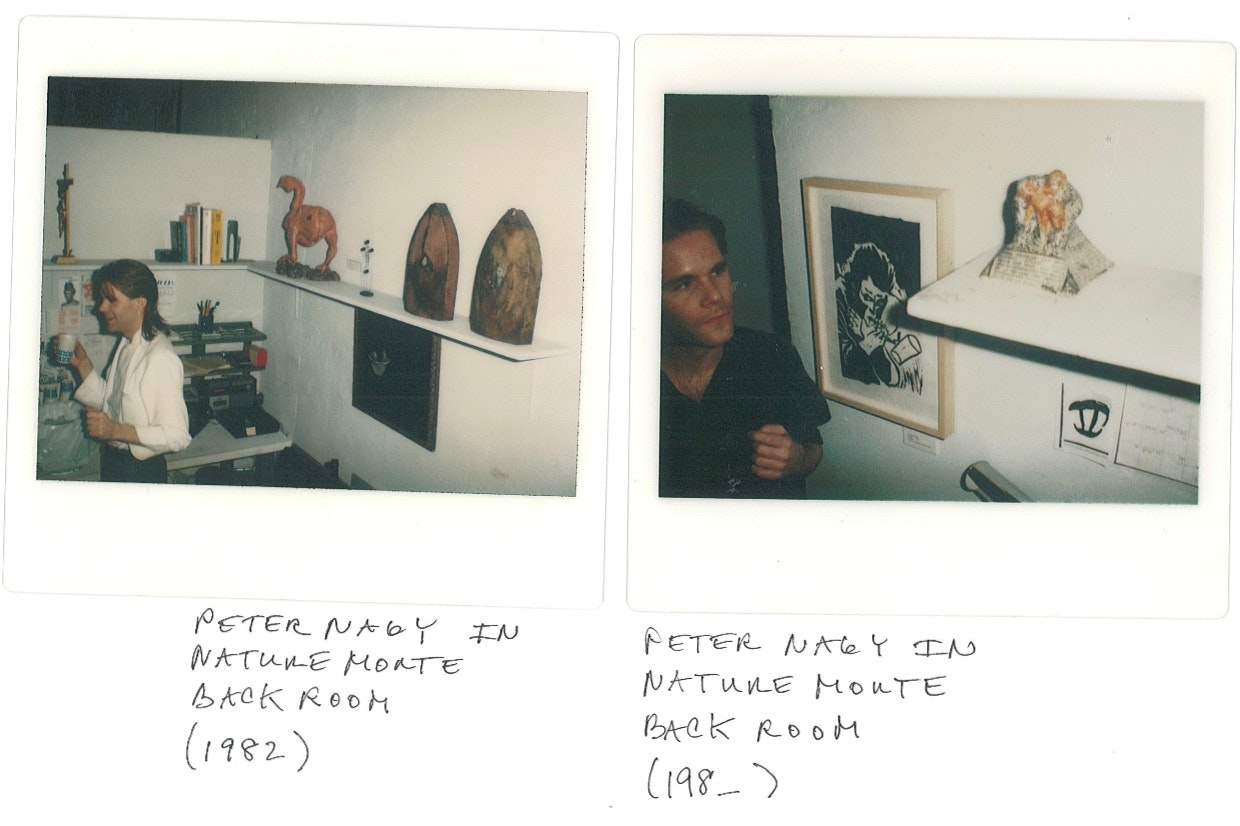 Two Polaroids of a male-presenting Caucasian figure in a gallery backroom.