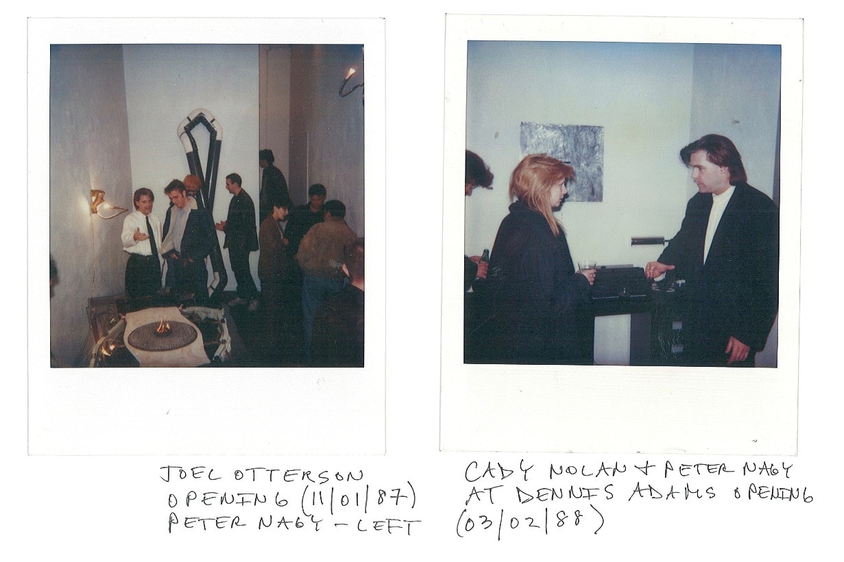 Two scanned Polaroids of artists talking to each other at exhibition openings. The note under the left Polaroid says, 'Joel Otterson Opening (11/01/87) Peter Nagy - Left', while the one under the right reads, 'Cady Nolan & Peter Nagy at Dennis Adams Opening (03/02/88).