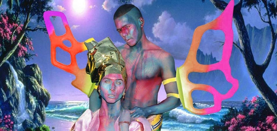 Two dancers of Filipino descent stand in front of a fantastical natural landscape, their faces and bodies painted in technicolour reds and blues. Two neon structures resembling wings are attached to Justin's arms, while he stands with a hand on Bhenji's shoulder. They look directly at us.
