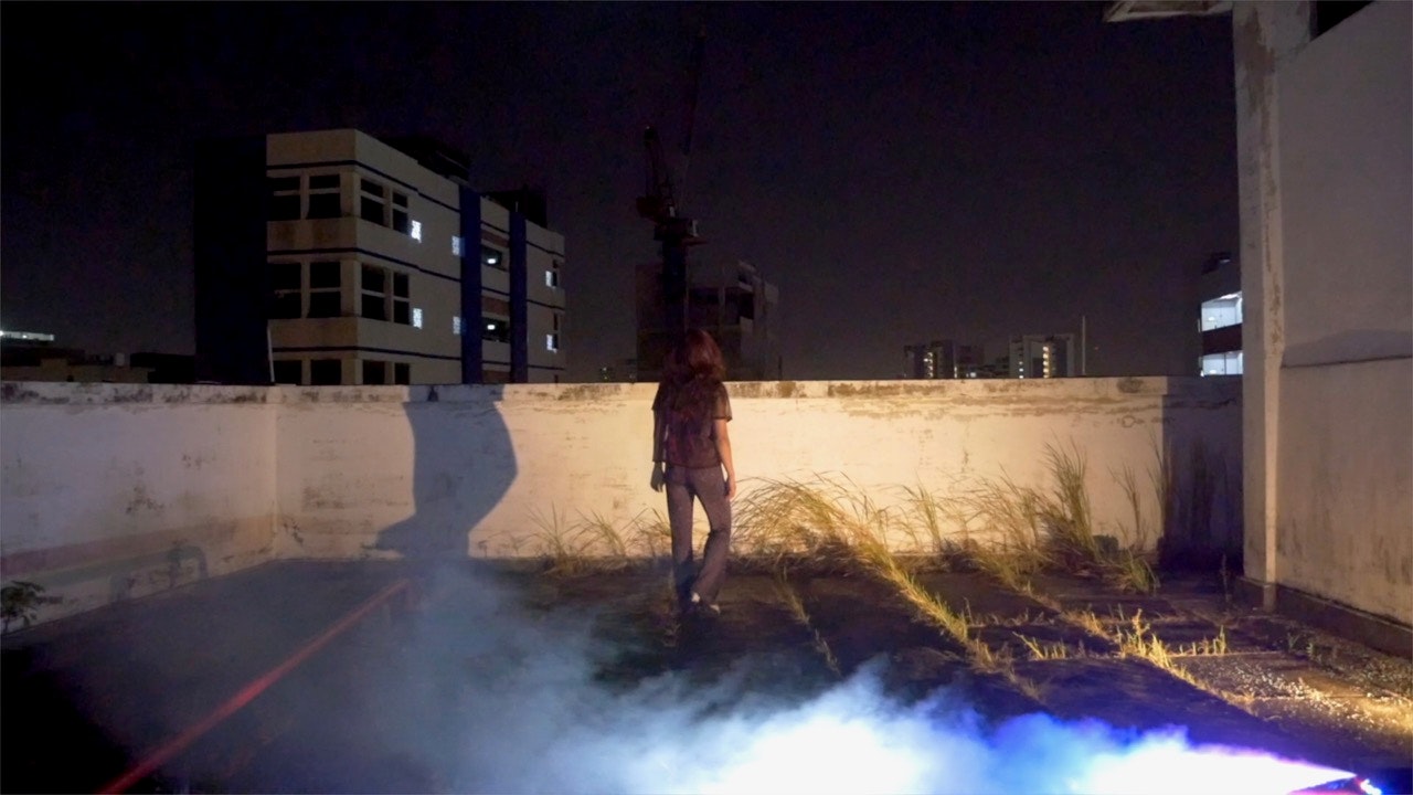 A long-haired figure stands on an overgrown rooftop looking out at the night sky, while a spotlight illuminates some smoke moving across the ground.