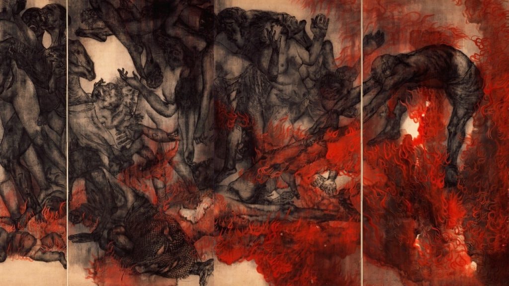 A panel of bodies tangled together, with red brush strokes that resemble licks of flame surrounding them. 
