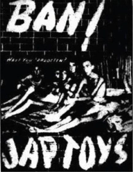 Black and white pamphlet cover with an illustration of figures and, in capital letters: BAN! JAP TOYS