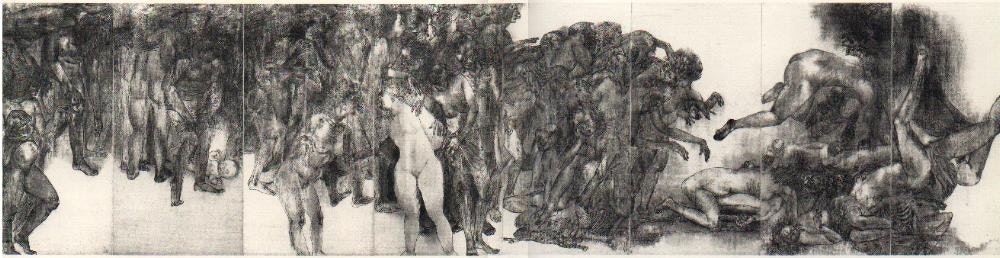 A long horizontal panel of tumbling and tangled bodies rendered in Sumi ink and charcoal.