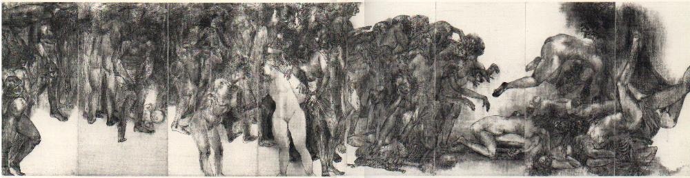 A long horizontal panel of tumbling and tangled bodies rendered in Sumi ink and charcoal.