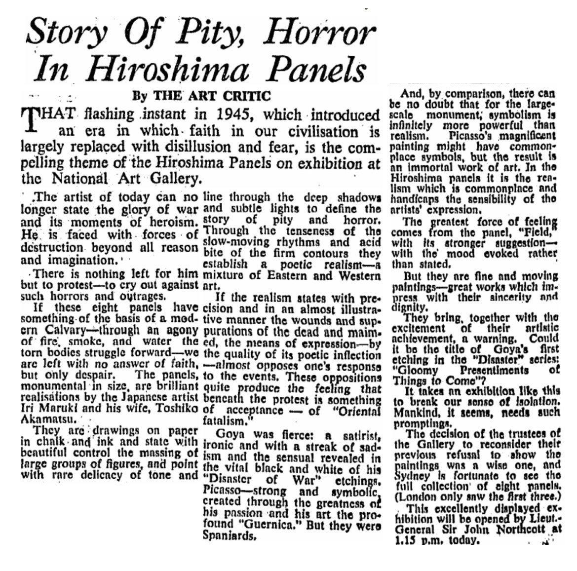 A black and white scan of an article from The Sydney Morning Herald, titled, 'Story of Pity, Horror In Hiroshima Panels'.