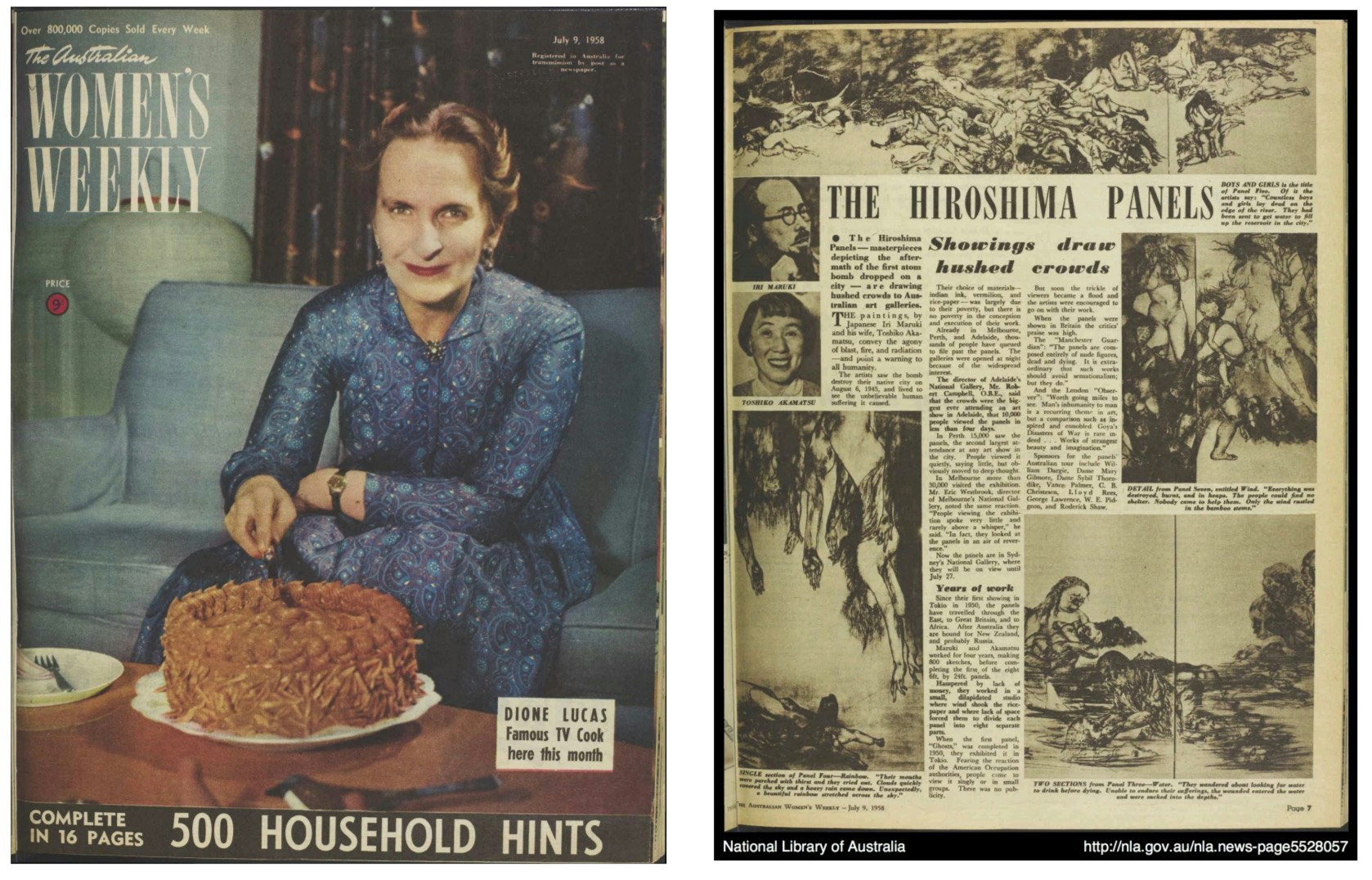 A scan of The Australian Women's Weekly magazine cover, with a Caucasian woman in a blue dress cutting a chocolate cake, and a scan of an article whose title is, The Hiroshima Panels: Showings draw hushed crowds.