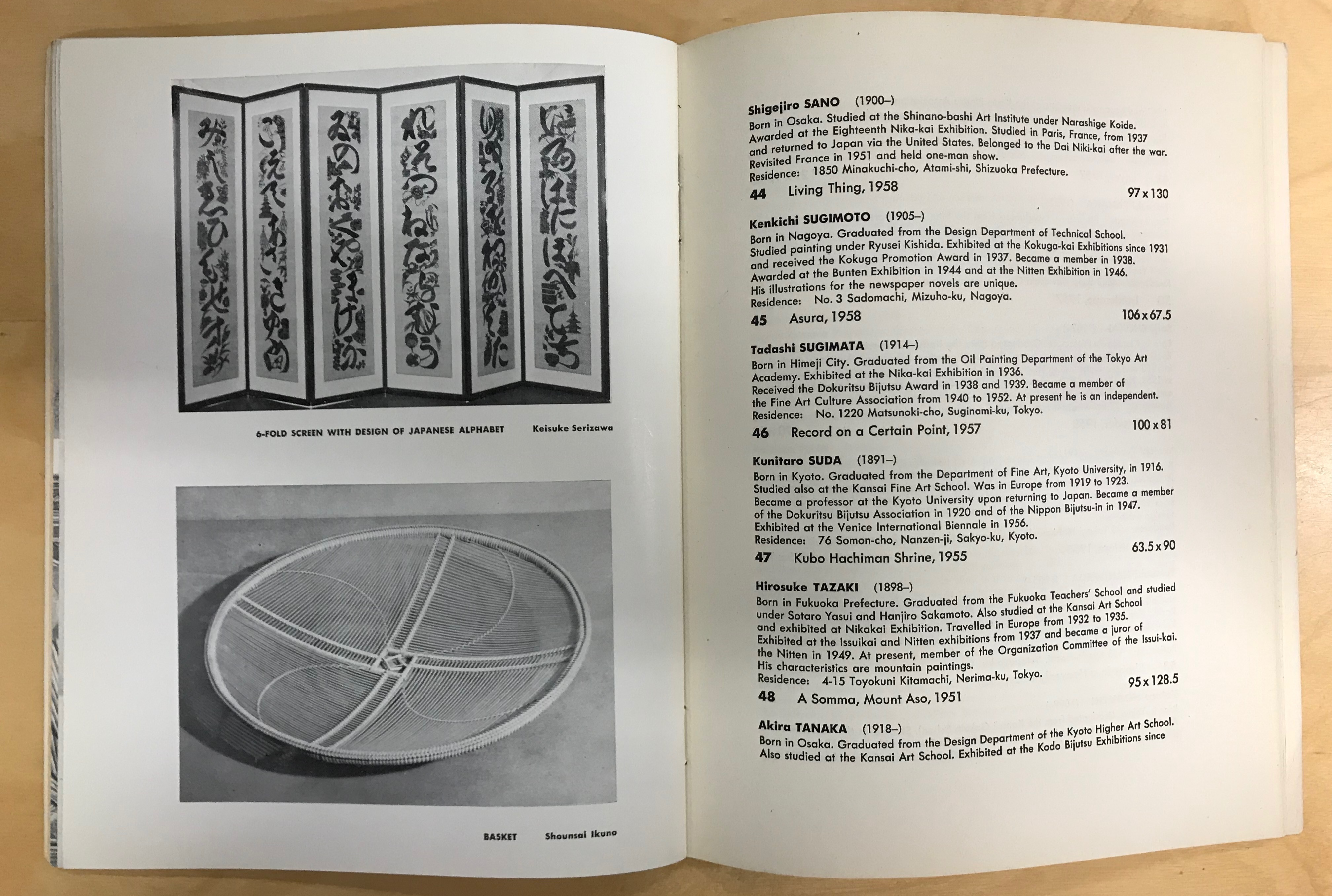 Flatlay photo of a double-page spread from a book on 'Contemporary Japanese Art'. On the left page is a photo of a Japanese folding screen.