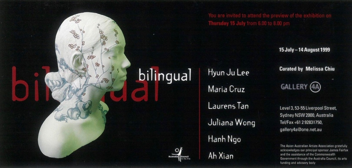 Scan of an exhibition invitation with a ceramic bust next to a list of artist names: Ah Xian, Maria Cruz, Laurens Tan, Hanh Ngo, Juliana Wong and Hyun-Ju Lee