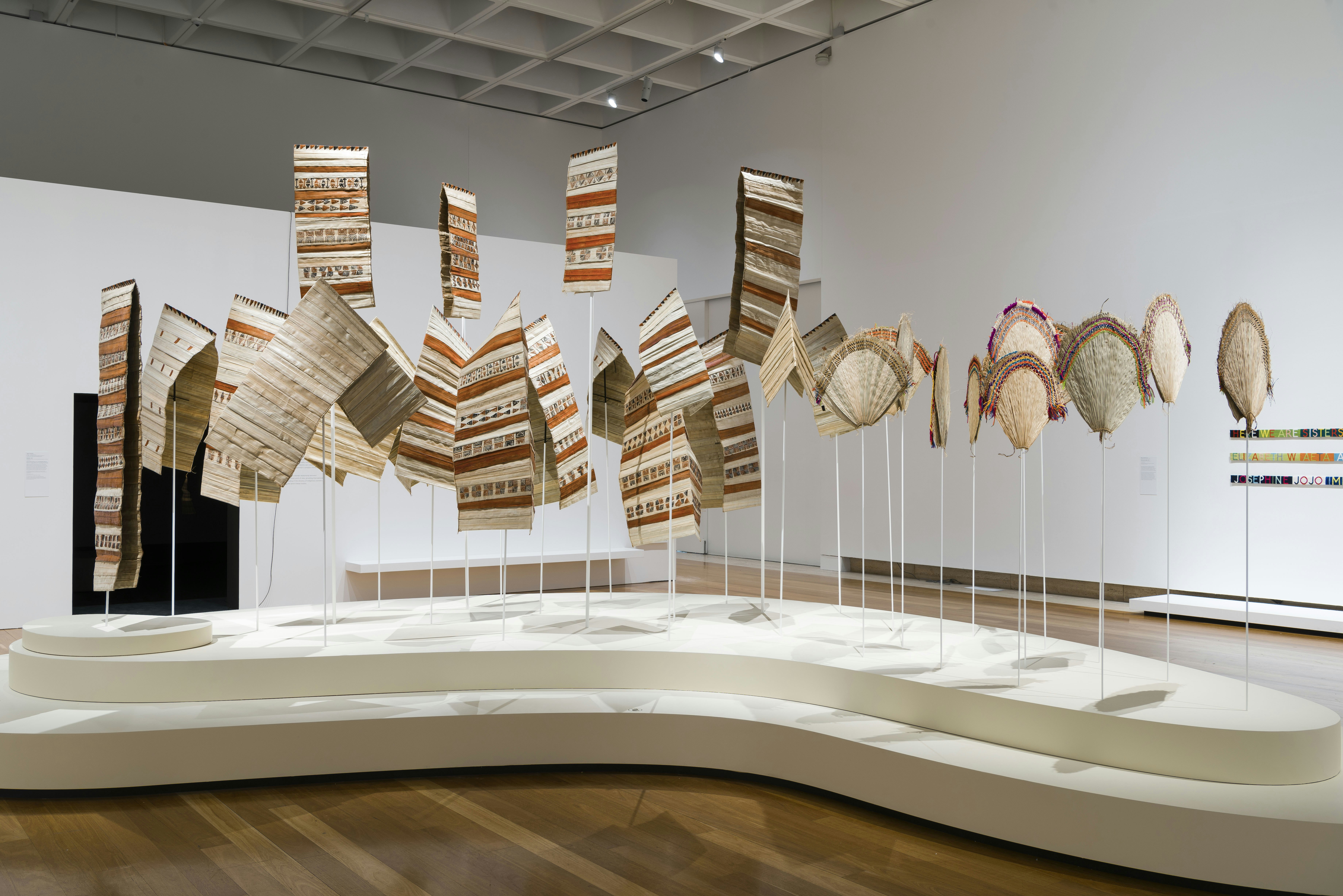 An installation of traditional patterned tuhu 'hoods' and biruko 'fans' woven from fibre.
