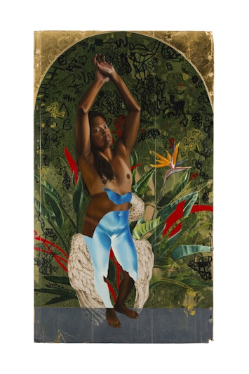 Painting of a female-presenting figure with dark brown skin standing with her hands clasped over her head, looking straight at us with a relaxed expression. She is naked and surrounded by lush vegetation, including a flowering kangaroo paw.