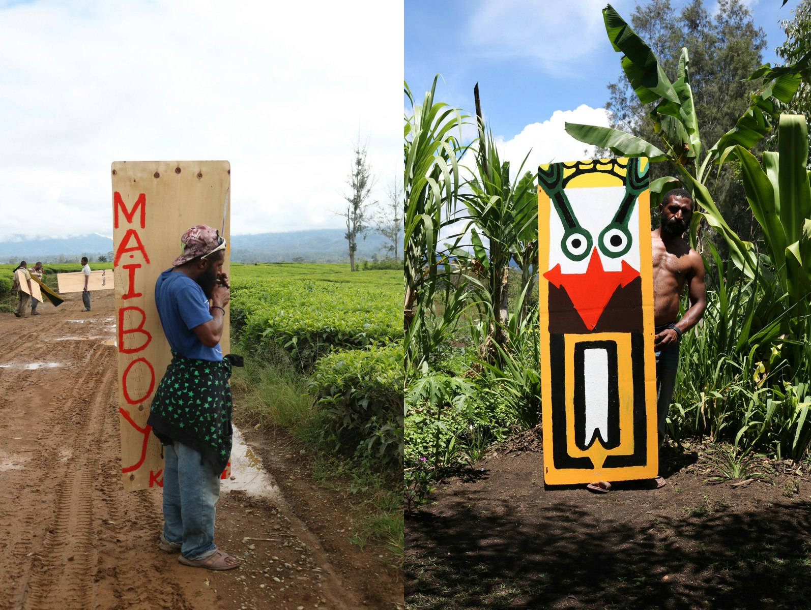Left: a dark-skinned Pasifika man lights a cigarette while supporting his kuman on a muddy road; right: a shirtless Pasifika man stands amongst tall tropical vegetation while holding up a kuman painted with yellow and black rectangles.