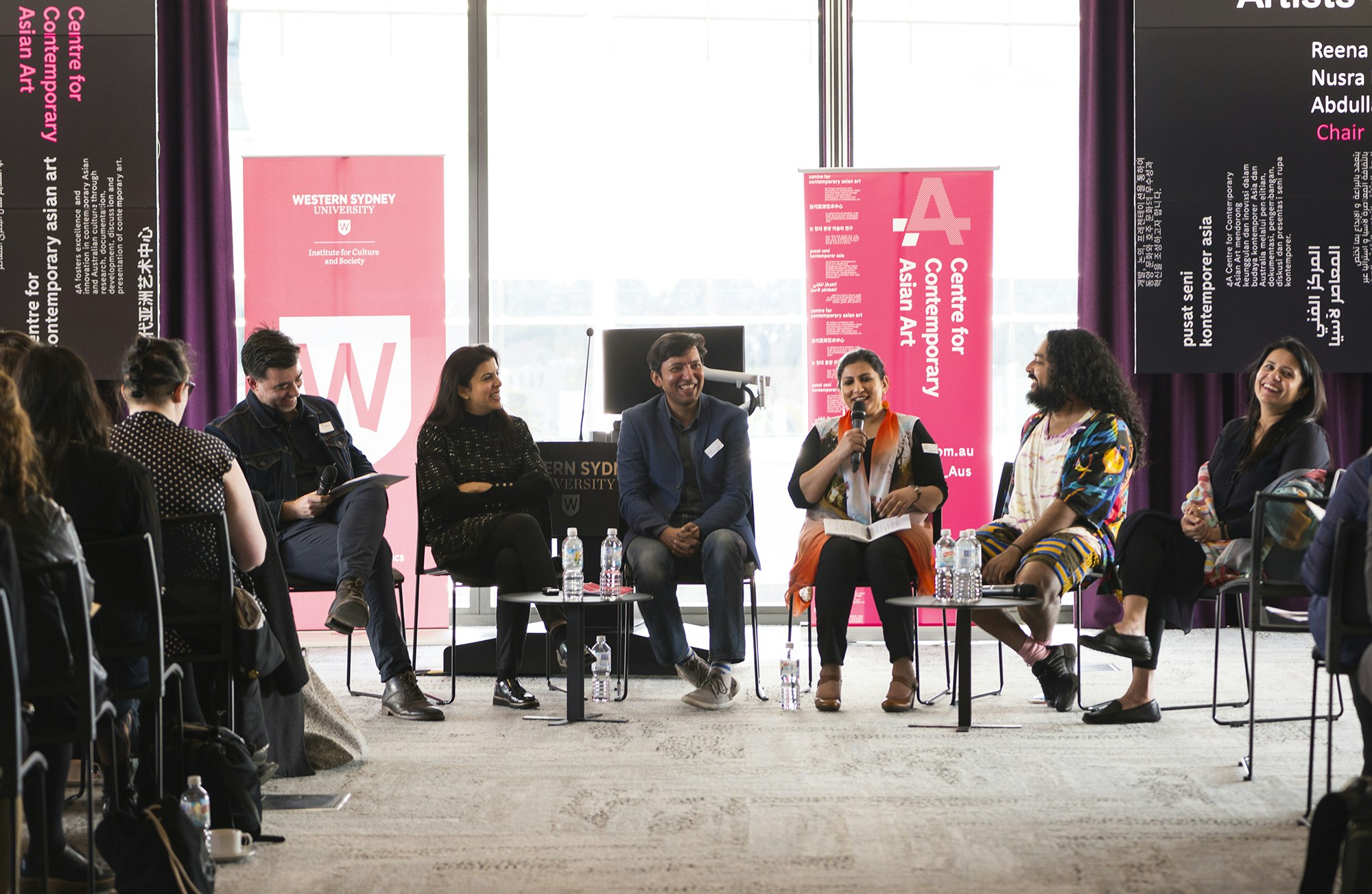 From left to right: Pedro de Almeida, Renna Kallat, Dr Abdullah M. I. Syed, Nusra Latif Qureshi, Ramesh Mario Nithiyendran and Adeela Suleman. When South is North: Contemporary Art and Culture in South Asia and Australia symposium, 16 August 2017, Western Sydney University, Parramatta campus. Produced by 4A Centre for Contemporary Asian Art in association with the Institute for Contemporary Culture and Society, Western Sydney University; photo: Kai Wasikowski.