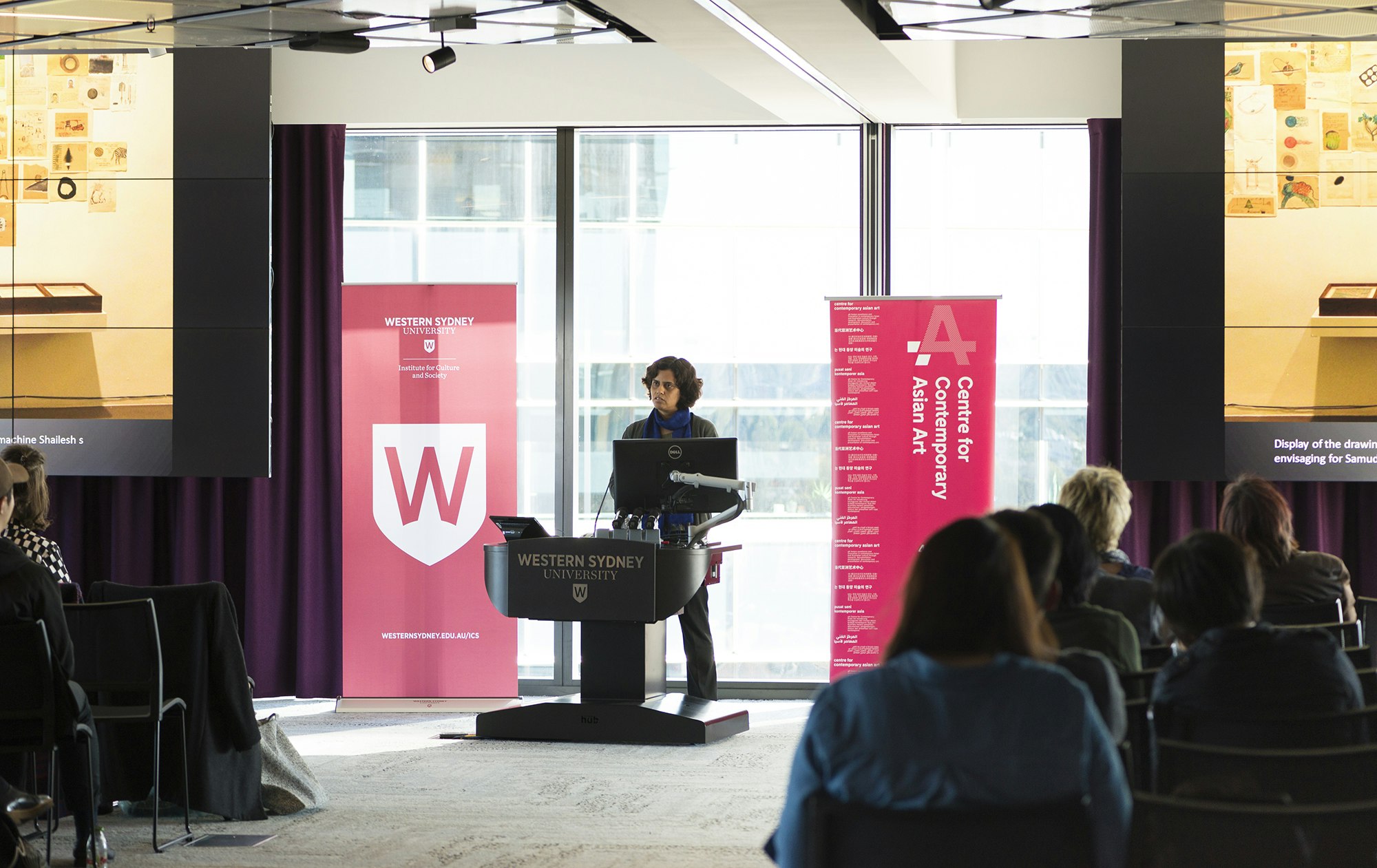 Vidya Shivadas presenting at When South is North: Contemporary Art and Culture in South Asia and Australia symposium, 16 August 2017, Western Sydney University, Parramatta campus. Produced by 4A Centre for Contemporary Asian Art in association with the Institute for Contemporary Culture and Society, Western Sydney University; photo: Kai Wasikowski.