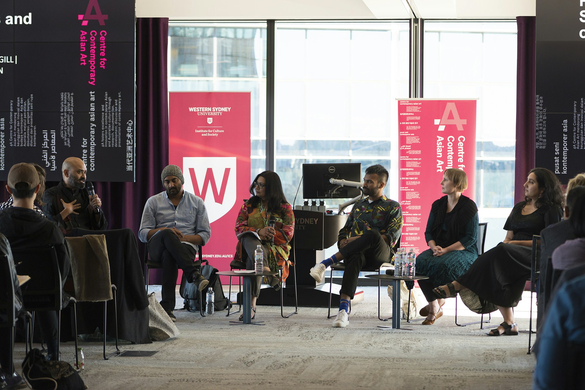 From left to right: Dr Sunil Badami, S. Shakthidharan, Dr Mehreen Faruqi, Gary Paramanathan, Melanie Eastburn and Amrit Gill. When South is North: Contemporary Art and Culture in South Asia and Australia symposium, 16 August 2017, Western Sydney University, Parramatta campus. Produced by 4A Centre for Contemporary Asian Art in association with the Institute for Contemporary Culture and Society, Western Sydney University. Photo: Kai Wasikowski.