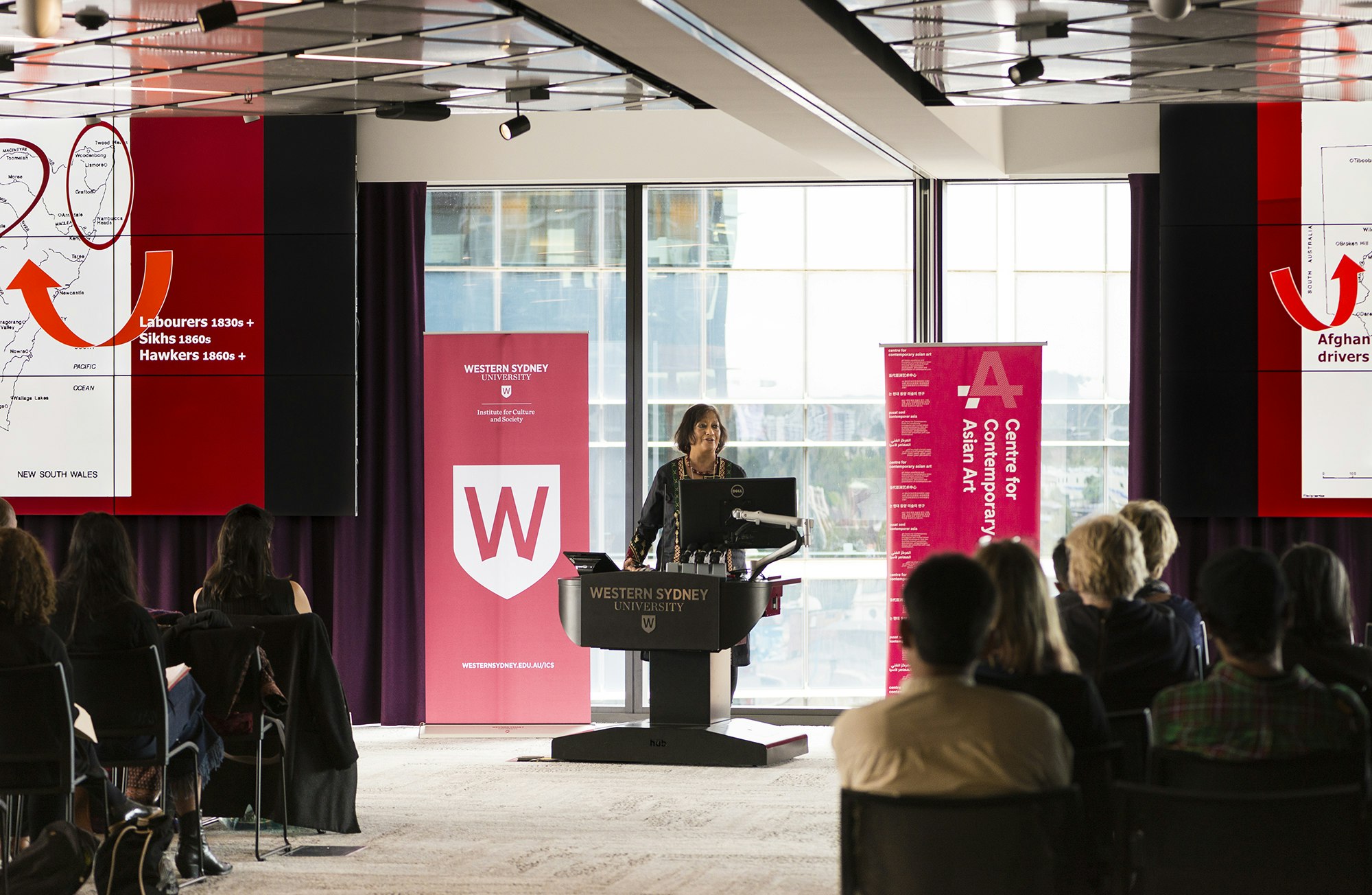 Professor Develeena Ghosh presenting at When South is North: Contemporary Art and Culture in South Asia and Australia symposium, 16 August 2017, Western Sydney University, Parramatta campus. Produced by 4A Centre for Contemporary Asian Art in association with the Institute for Contemporary Culture and Society, Western Sydney University; photo: Kai Wasikowski.