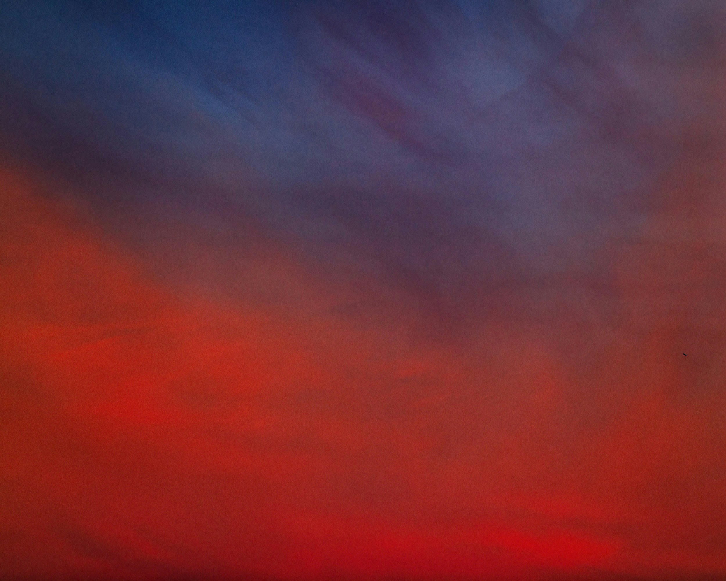 Deep vermilion reds and muted blues in a sunset.