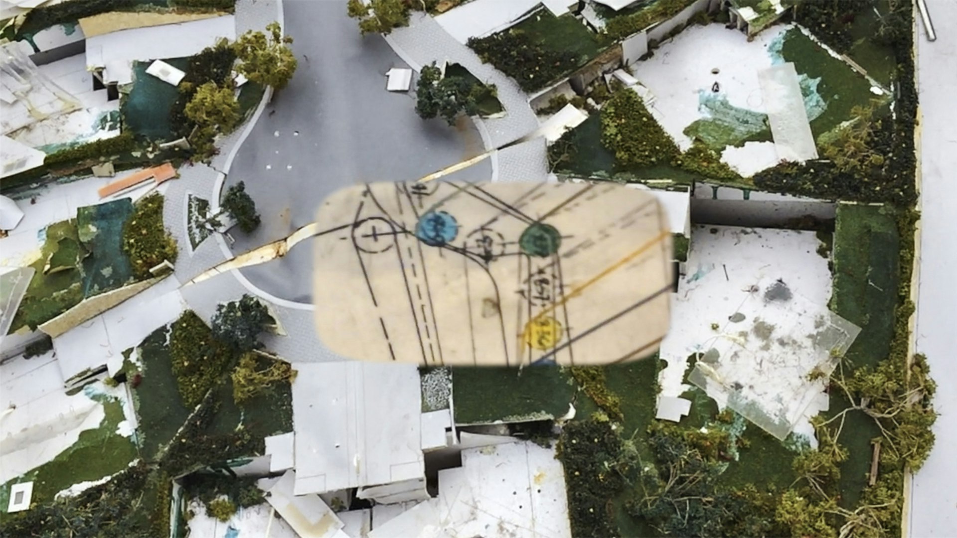 A cut-out of a handdrawn map, superimposed over a miniature model of a bedraggled suburban landscape.