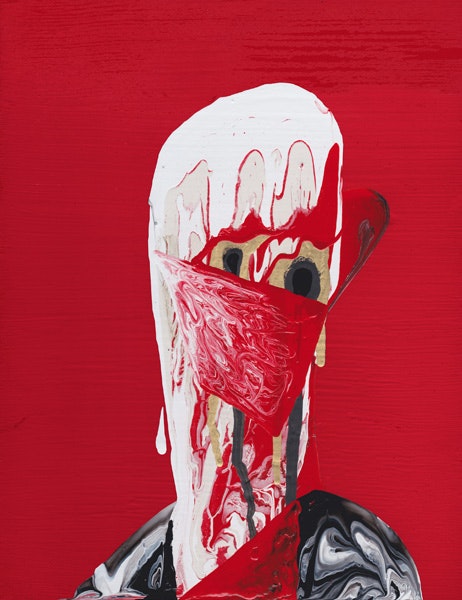 An impressionistic face against a red backdrop. The face is covered in swirls of dripping paint.