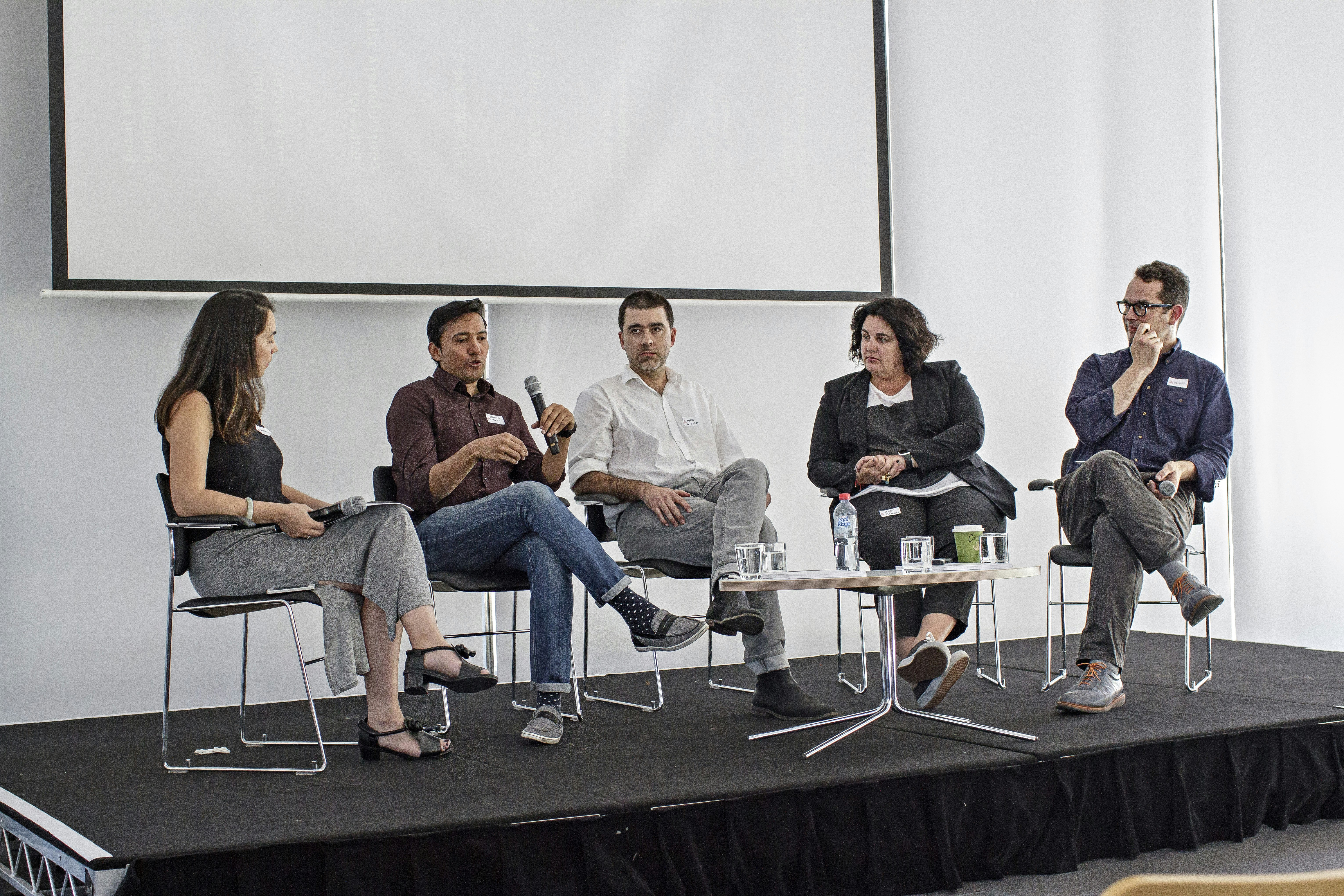 Dr Mikala Tai, Dr Abdullah M. I. Syed, Pedro de Almeida, Alexandra Bowen and Dr Stephen Whiteman, Twenty Years – 4A Symposium, University of Sydney, 4 November 2016. Image courtesy The Power Institute, University of Sydney, and 4A Centre for Contemporary Asian Art; photo: Matthew Venables.