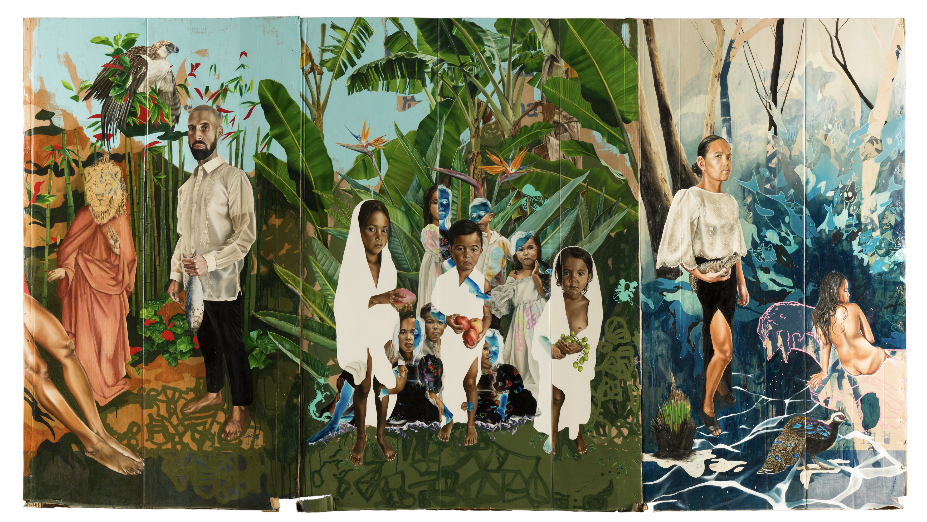 Marikit Santiago, Thy Kingdom Come, 2021 – 2022, interior paint, acrylic, oil, pyrography, pen, gold leaf on found cardboard (pen and paint markings by Santi Mateo Santiago and Sarita Santiago), collaboration with Maella Santiago, 167cm x 307cm. Courtesy of the artist and The Something Machine, Bellport, New York. Photo credit: Garry Trinh