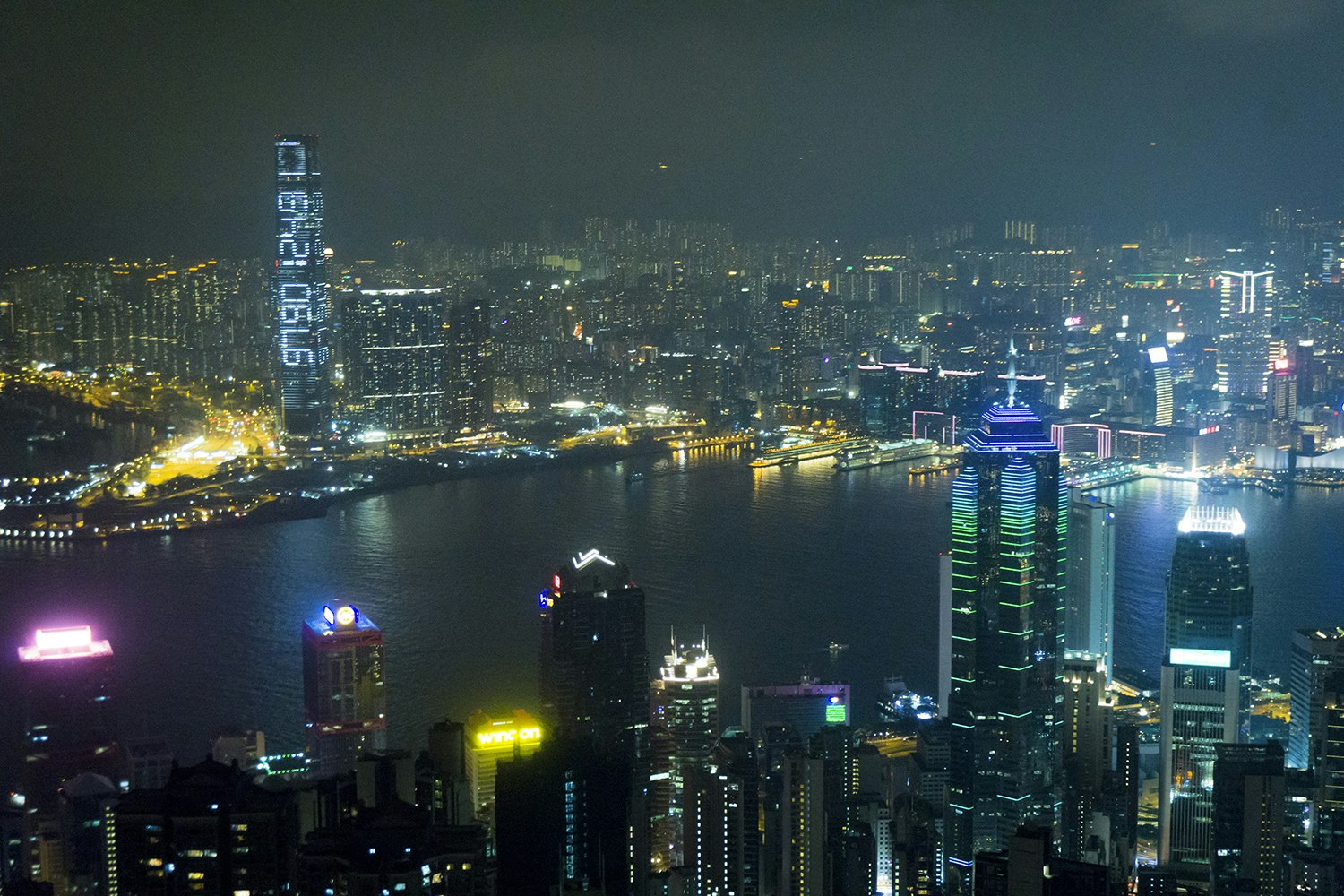 Illuminated skyscrapers in Hong Kong.