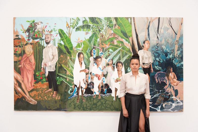 Marikit Santiago with Thy Kingdom Come, 2021 – 2022, interior paint, acrylic, oil, pyrography, pen, gold leaf on found cardboard (pen and paint markings by Santi Mateo Santiago and Sarita Santiago), collaboration with Maella Santiago, 167cm x 307cm; photo: Garry Trinh for 4A Centre for Contemporary Asian Art, For us sinners, March - May 2022, courtesy the artist and The Something Machine, Bellport, New York.