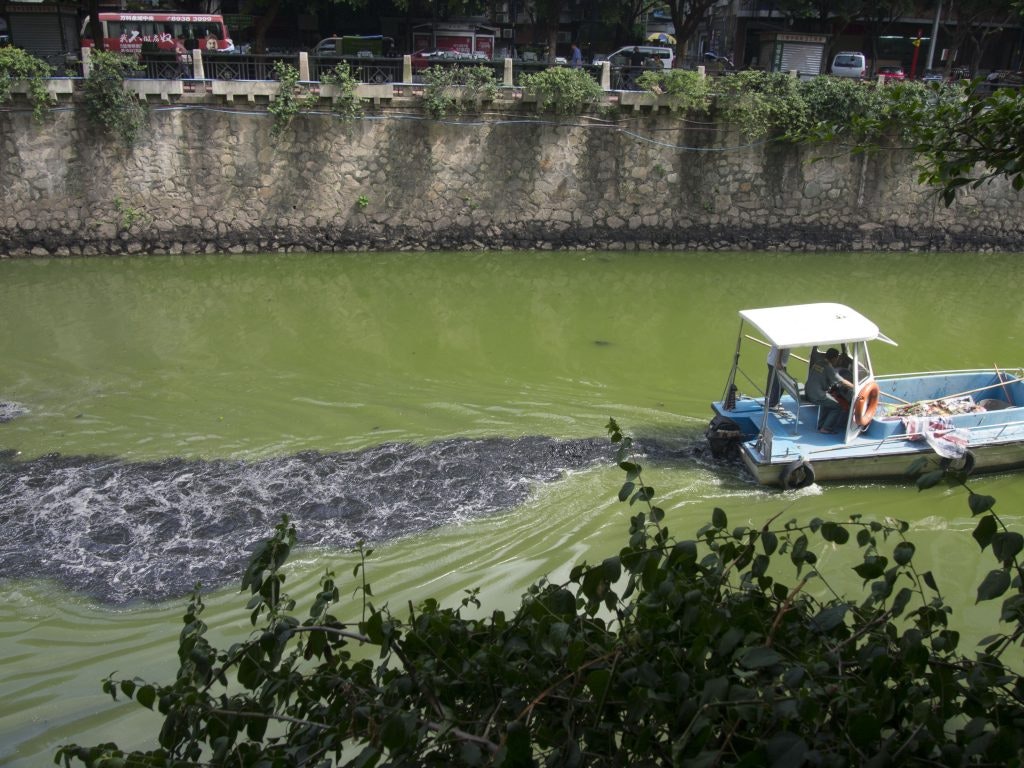 A riverboat sailing down a green-tinged river.