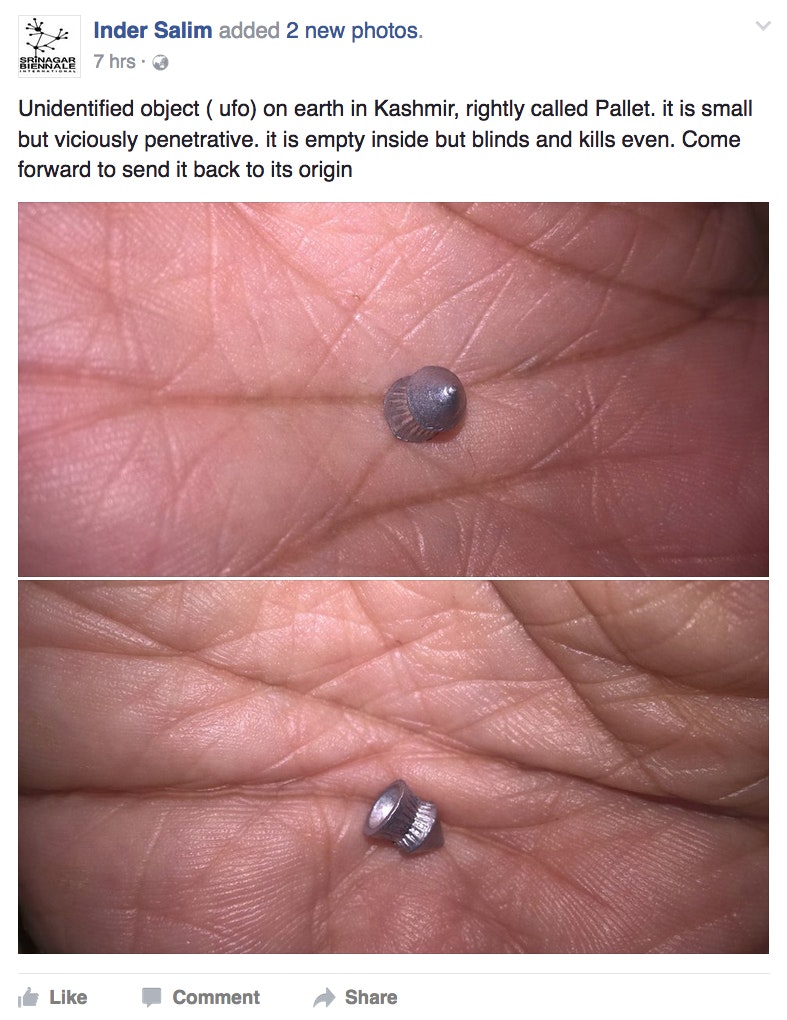 A screenshot of a Facebook post with photos of a hand holding a silver pellet. Text reads, 'Unidentified object ( ufo) on earth in Kashmir, rightly called Pallet. It is small but viciously penetrative. It is empty inside but blinds and kills even. Come forward to send it back to its origin.'